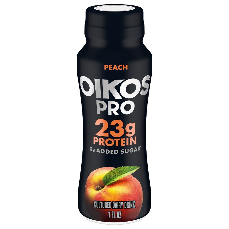 slide 1 of 12, Oikos Pro Fat Free Peach Cultured Dairy Drink - 23 Protein 7 fl oz, 7 fl oz