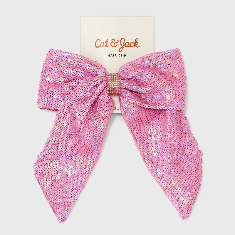 slide 2 of 4, Girls' Sequin Bow Barrette - Cat & Jack™ Pink: Solid Hair Styling Clip, 1 ct