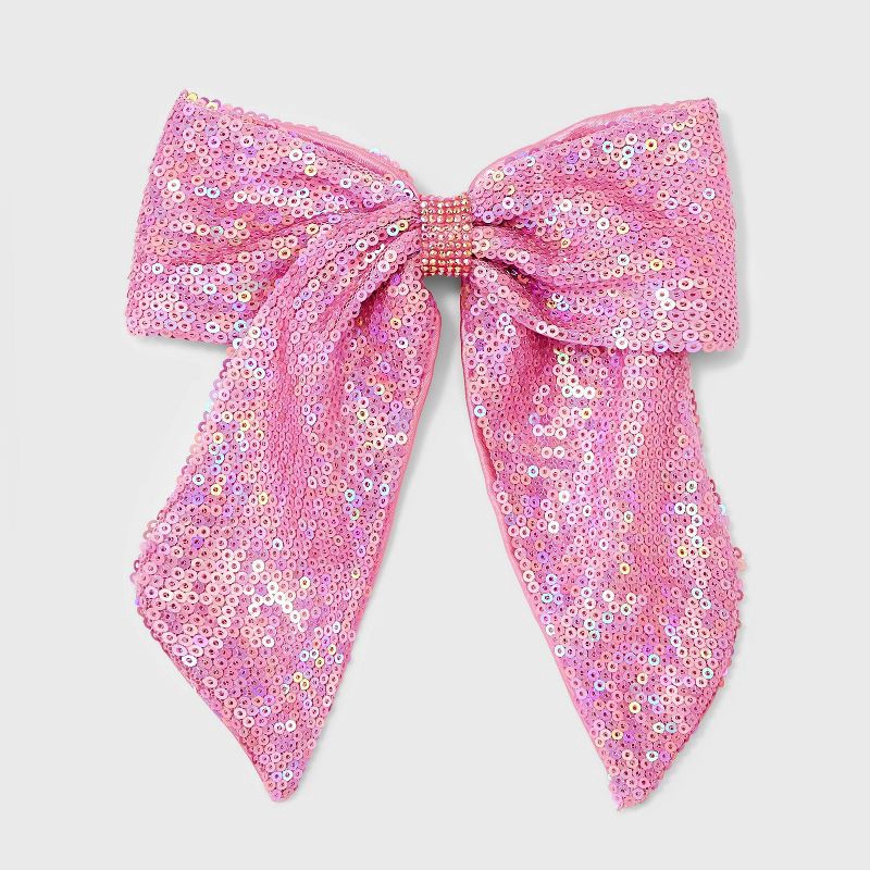 slide 1 of 4, Girls' Sequin Bow Barrette - Cat & Jack™ Pink: Solid Hair Styling Clip, 1 ct