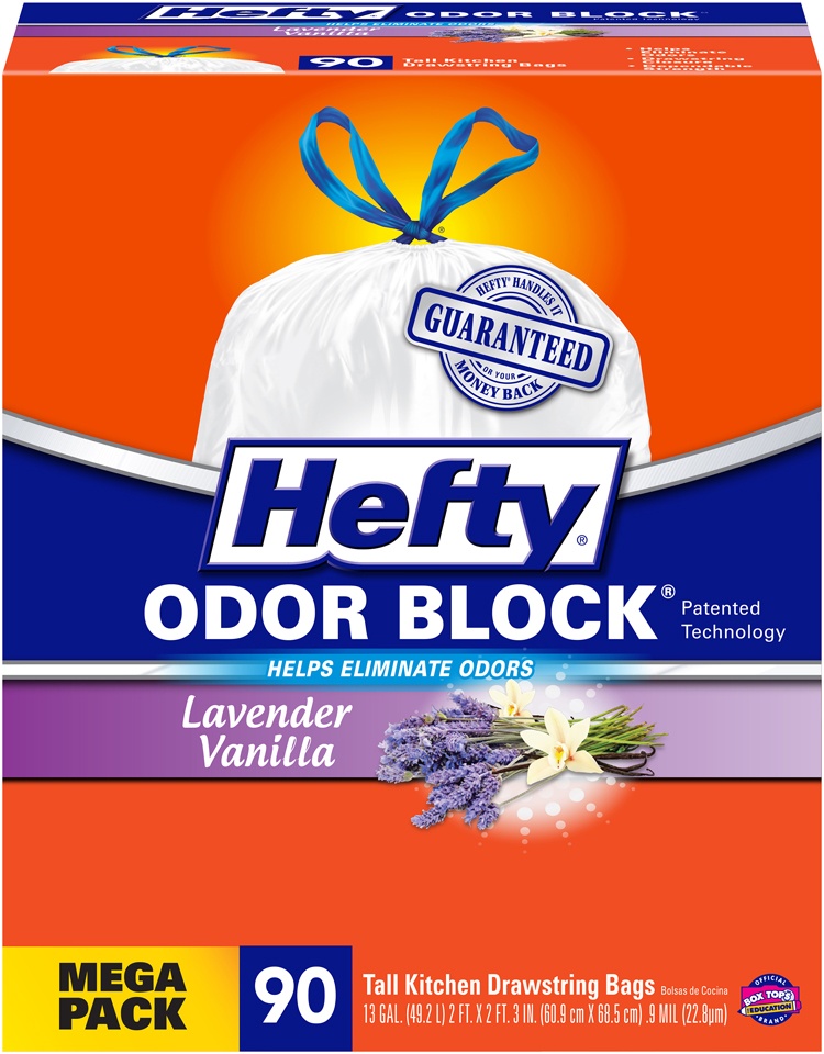 slide 1 of 1, Hefty Odor Block Lavender Vanilla 13 Gallon Tall Kitchen Drawstring Bags Mega Pack, 90 ct