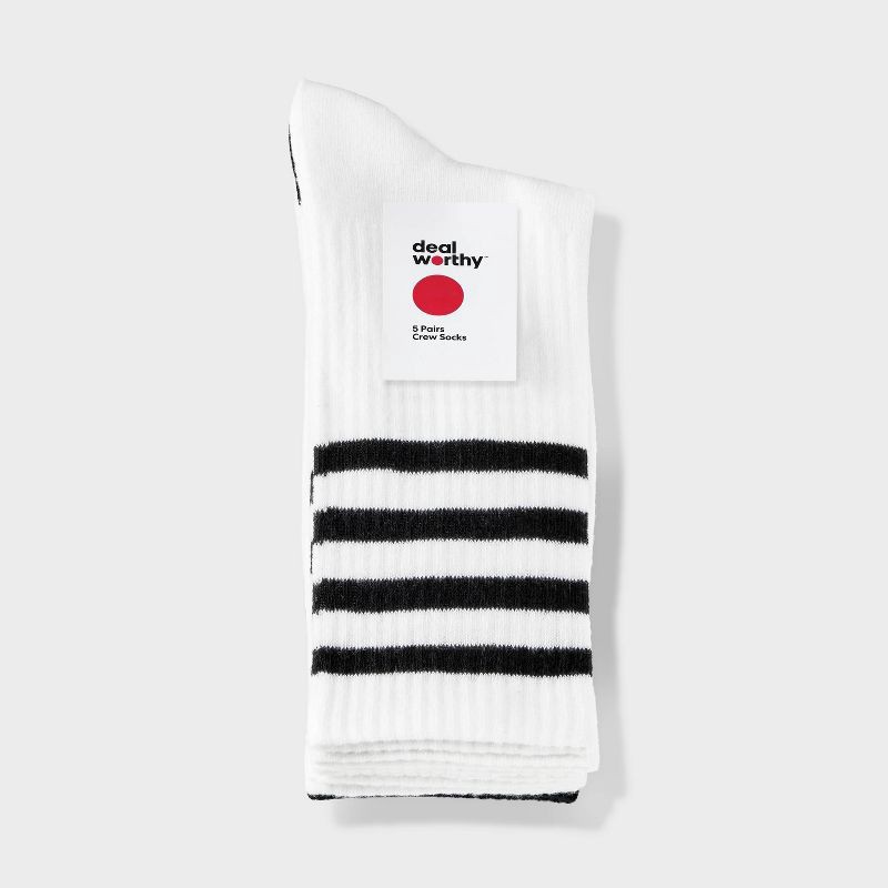slide 2 of 3, Women's Striped Ribbed 5pk Crew Socks - Dealworthy™ Black/White 4-10: Recycled Polyester, Lightweight Knit, 5 ct