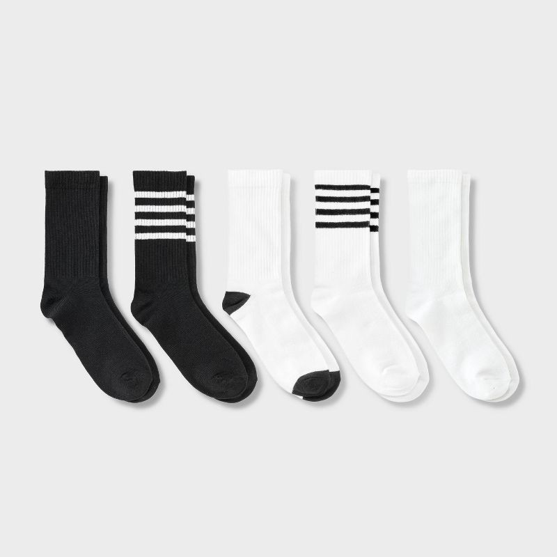 slide 1 of 3, Women's Striped Ribbed 5pk Crew Socks - Dealworthy™ Black/White 4-10: Recycled Polyester, Lightweight Knit, 5 ct