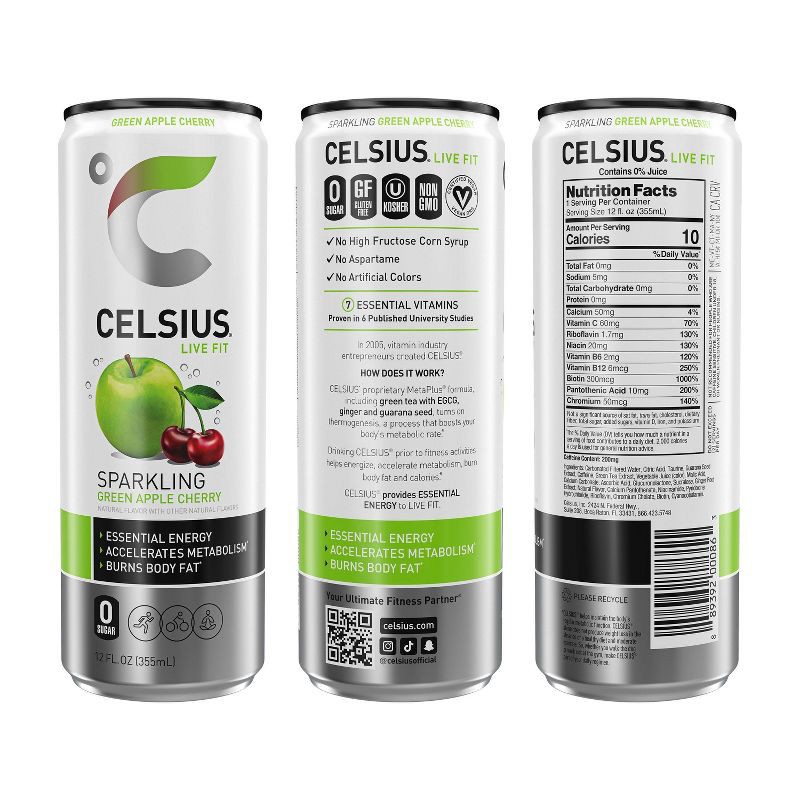 slide 2 of 5, CELSIUS Sparkling Green Apple Cherry Functional Energy Drink - 12 fl oz Can, 12 fl oz