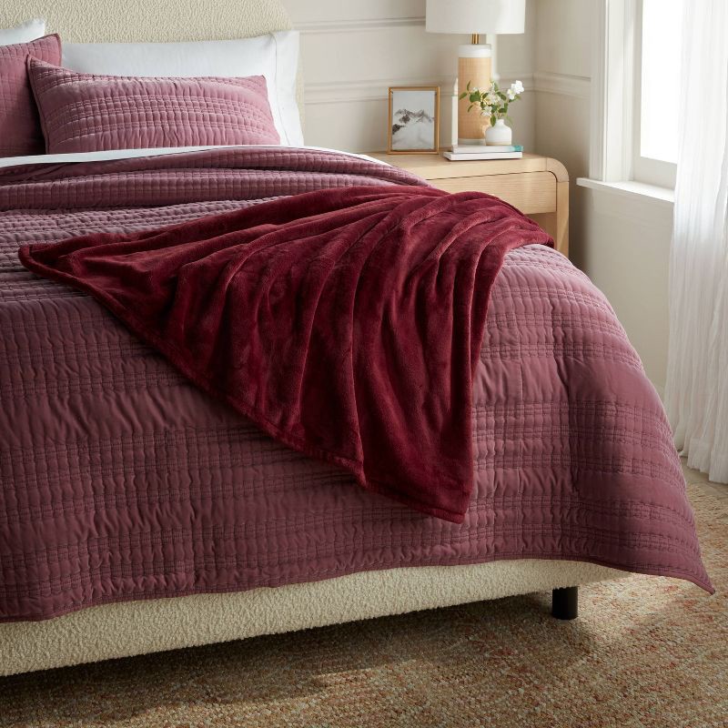 slide 2 of 3, Full/Queen Ultra Soft Plush Blanket Maroon - Threshold™, 1 ct