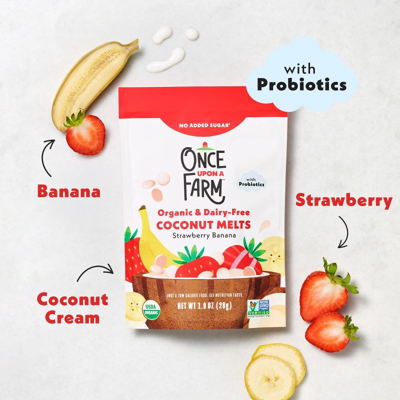 slide 3 of 9, Once Upon a Farm Coconut Melts Strawberry Banana Baby Snacks - 1oz, 1 oz
