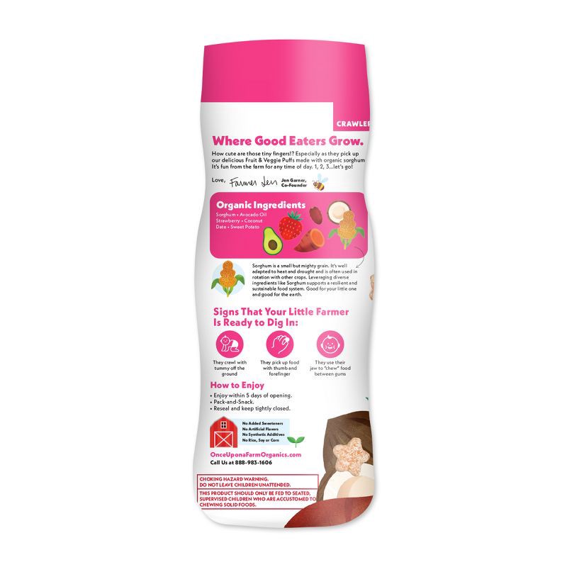 slide 2 of 10, Once Upon a Farm Fruit and Veggie Puffs Strawberry Sweet Potato & Coconut Baby Snacks - 1.5oz, 1.5 oz