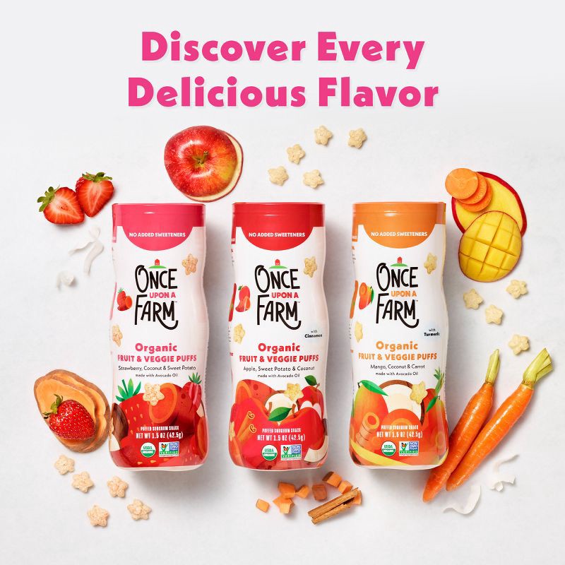 slide 3 of 10, Once Upon a Farm Fruit and Veggie Puffs Strawberry Sweet Potato & Coconut Baby Snacks - 1.5oz, 1.5 oz