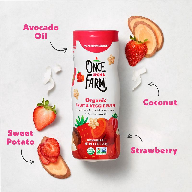slide 4 of 10, Once Upon a Farm Fruit and Veggie Puffs Strawberry Sweet Potato & Coconut Baby Snacks - 1.5oz, 1.5 oz
