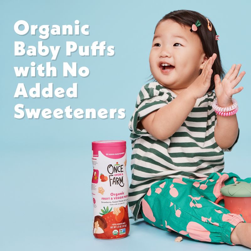 slide 8 of 10, Once Upon a Farm Fruit and Veggie Puffs Strawberry Sweet Potato & Coconut Baby Snacks - 1.5oz, 1.5 oz