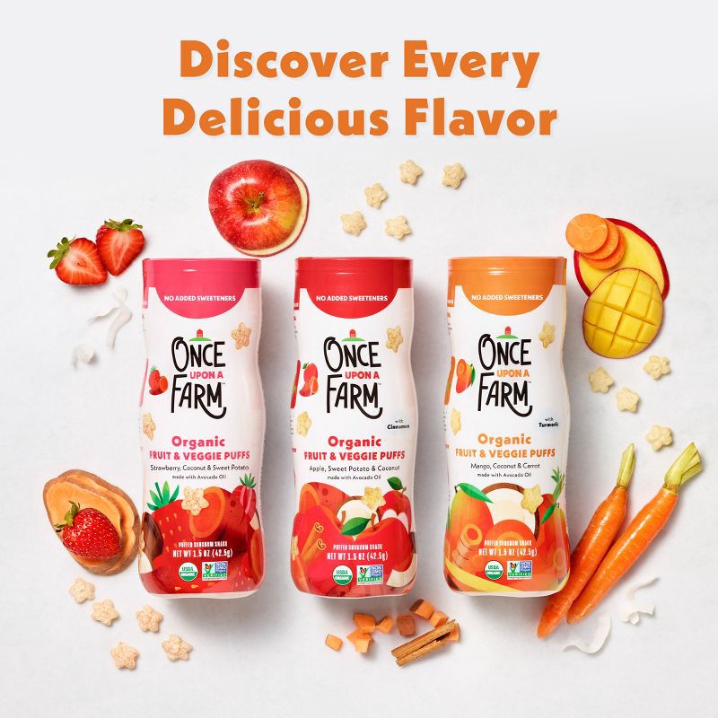 slide 3 of 9, Once Upon a Farm Organic Fruit & Veggie Puffs Baby Food - Mango, Coconut & Carrot - 1.5oz, 1.5 oz