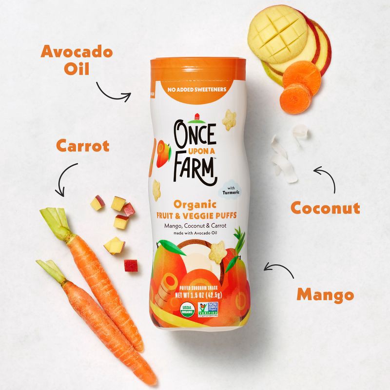slide 4 of 9, Once Upon a Farm Organic Fruit & Veggie Puffs Baby Food - Mango, Coconut & Carrot - 1.5oz, 1.5 oz