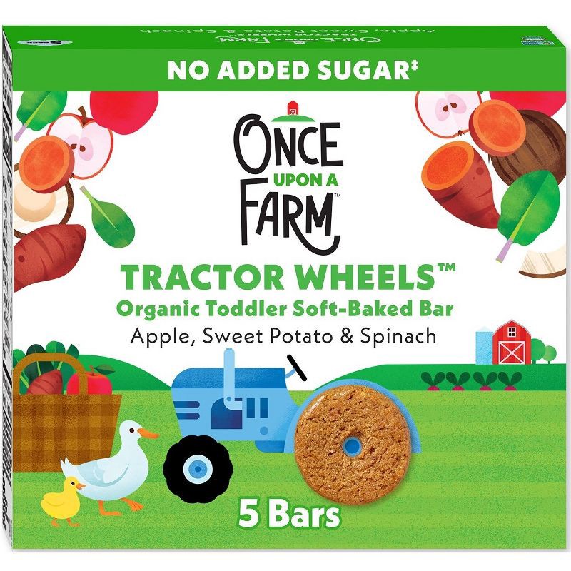 slide 1 of 11, Once Upon a Farm Tractor Wheels Apple Sweet Potato & Spinach Baby Snacks - 3.35oz, 3.35 oz