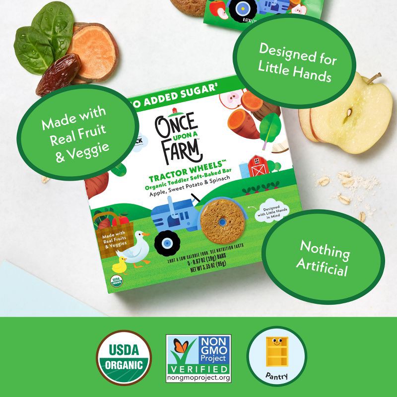 slide 5 of 11, Once Upon a Farm Tractor Wheels Apple Sweet Potato & Spinach Baby Snacks - 3.35oz, 3.35 oz