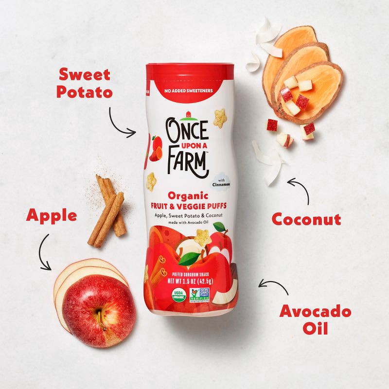 slide 3 of 11, Once Upon a Farm Fruit & Veggie Puffs Apple Sweet Potato & Coconut Baby Snacks - 1.5oz, 1.5 oz