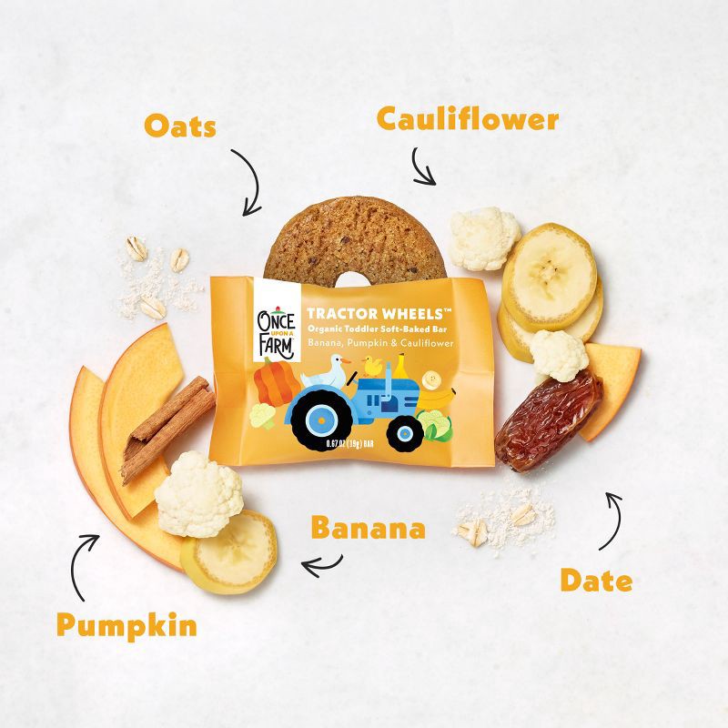 slide 4 of 11, Once Upon a Farm Tractor Wheels Banana Pumpkin & Cauliflower Baby Snacks - 3.35oz, 3.35 oz