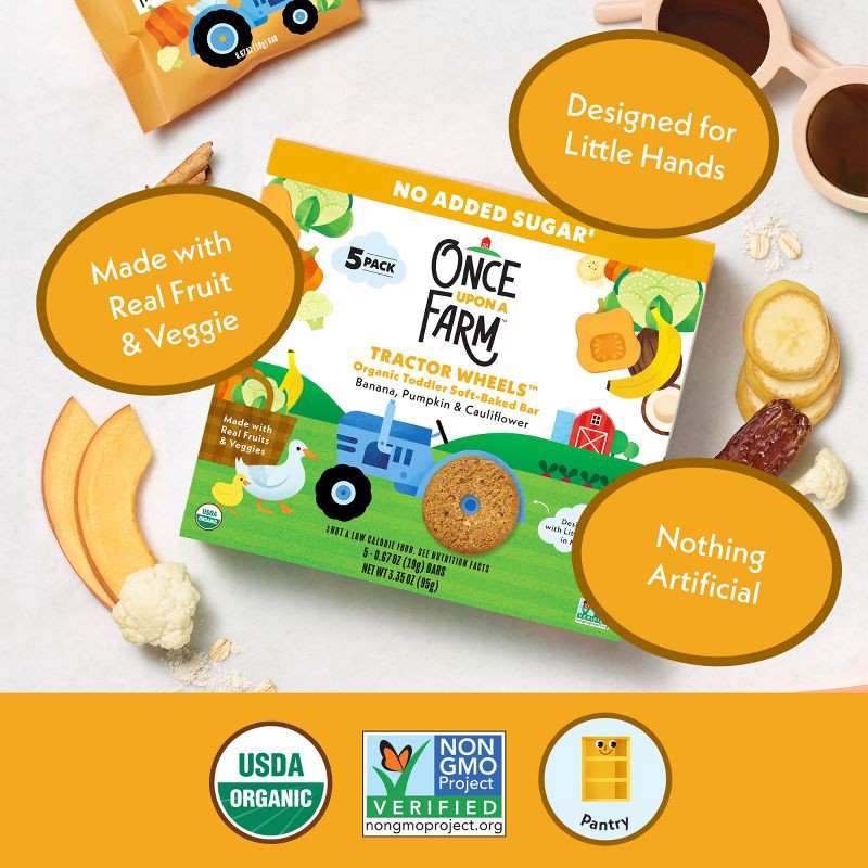 slide 5 of 11, Once Upon a Farm Tractor Wheels Banana Pumpkin & Cauliflower Baby Snacks - 3.35oz, 3.35 oz