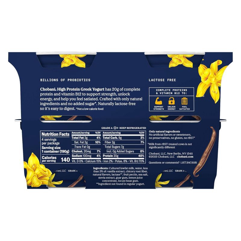 slide 6 of 7, Chobani High Protein Vanilla Greek Yogurt - 20g Protein 26.8oz/4ct Cups, 20 gram, 26.8 oz, 4 ct
