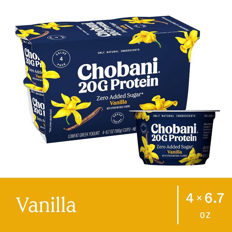 slide 5 of 7, Chobani High Protein Vanilla Greek Yogurt - 20g Protein 26.8oz/4ct Cups, 20 gram, 26.8 oz, 4 ct