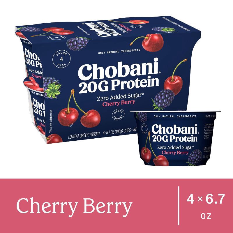 slide 5 of 7, Chobani High Protein Cherry Berry Greek Yogurt - 20g Protein 26.8oz/4ct Cups, 20 gram, 26.8 oz, 4 ct