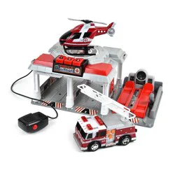 Maxx Action Fire & Rescue Garage Playset Firetruck, Helicopter, Working Intercom, Lights and Sounds