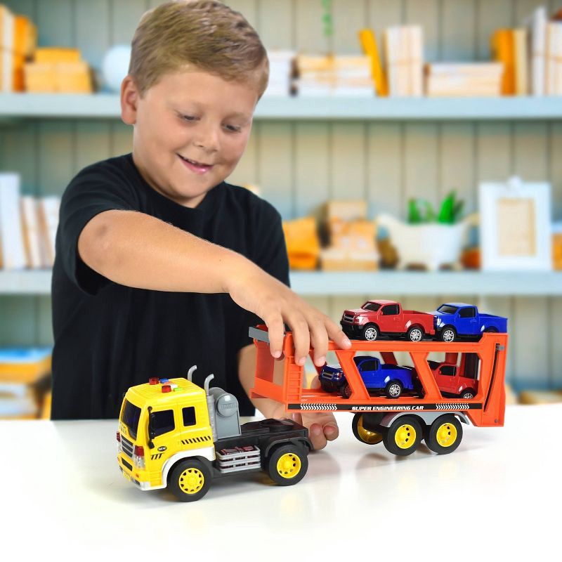 slide 2 of 6, Maxx Action Vehicle Transport Playset - Semi Truck with 4 Mini Pickup Truck: Toy Vehicles, Metal & Plastic, Battery Operated, 1 ct