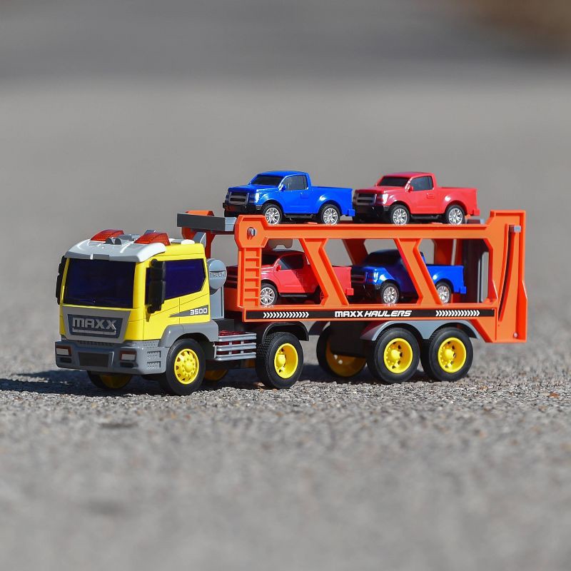 slide 4 of 6, Maxx Action Vehicle Transport Playset - Semi Truck with 4 Mini Pickup Truck: Toy Vehicles, Metal & Plastic, Battery Operated, 1 ct