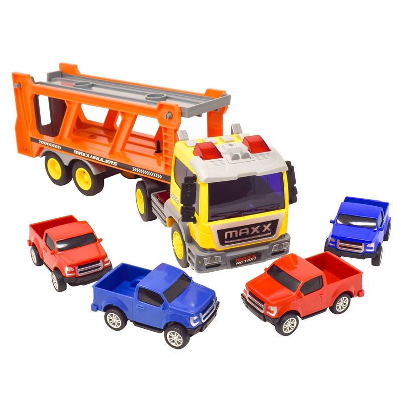 slide 5 of 6, Maxx Action Vehicle Transport Playset - Semi Truck with 4 Mini Pickup Truck: Toy Vehicles, Metal & Plastic, Battery Operated, 1 ct
