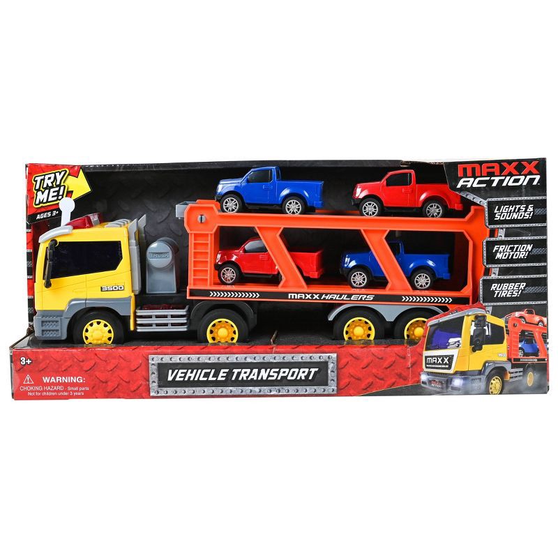 slide 6 of 6, Maxx Action Vehicle Transport Playset - Semi Truck with 4 Mini Pickup Truck: Toy Vehicles, Metal & Plastic, Battery Operated, 1 ct