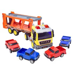 Maxx Action Vehicle Transport Playset - Semi Truck with 4 Mini Pickup Truck: Toy Vehicles, Metal & Plastic, Battery Operated