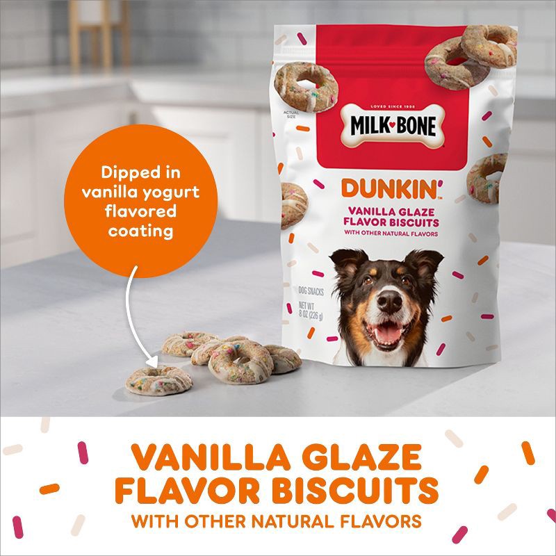 slide 4 of 9, Milk-Bone Dunkin Donut Vanilla Glaze Flavor Dipped Crunchy Dog Treats - 8oz, 8 oz