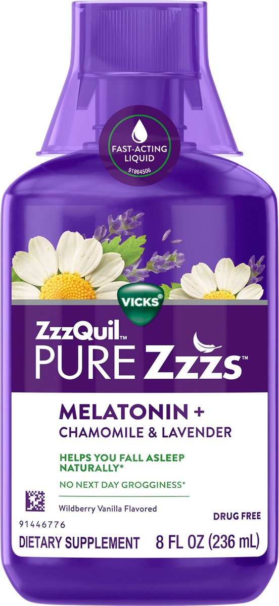 slide 2 of 2, Vicks ZzzQuil PURE Zzzs Melatonin Liquid Sleep-Aid with Chamomile, Lavender, Valerian Root and Lemon Balm, 1mg per serving, 8oz, 8 fl oz