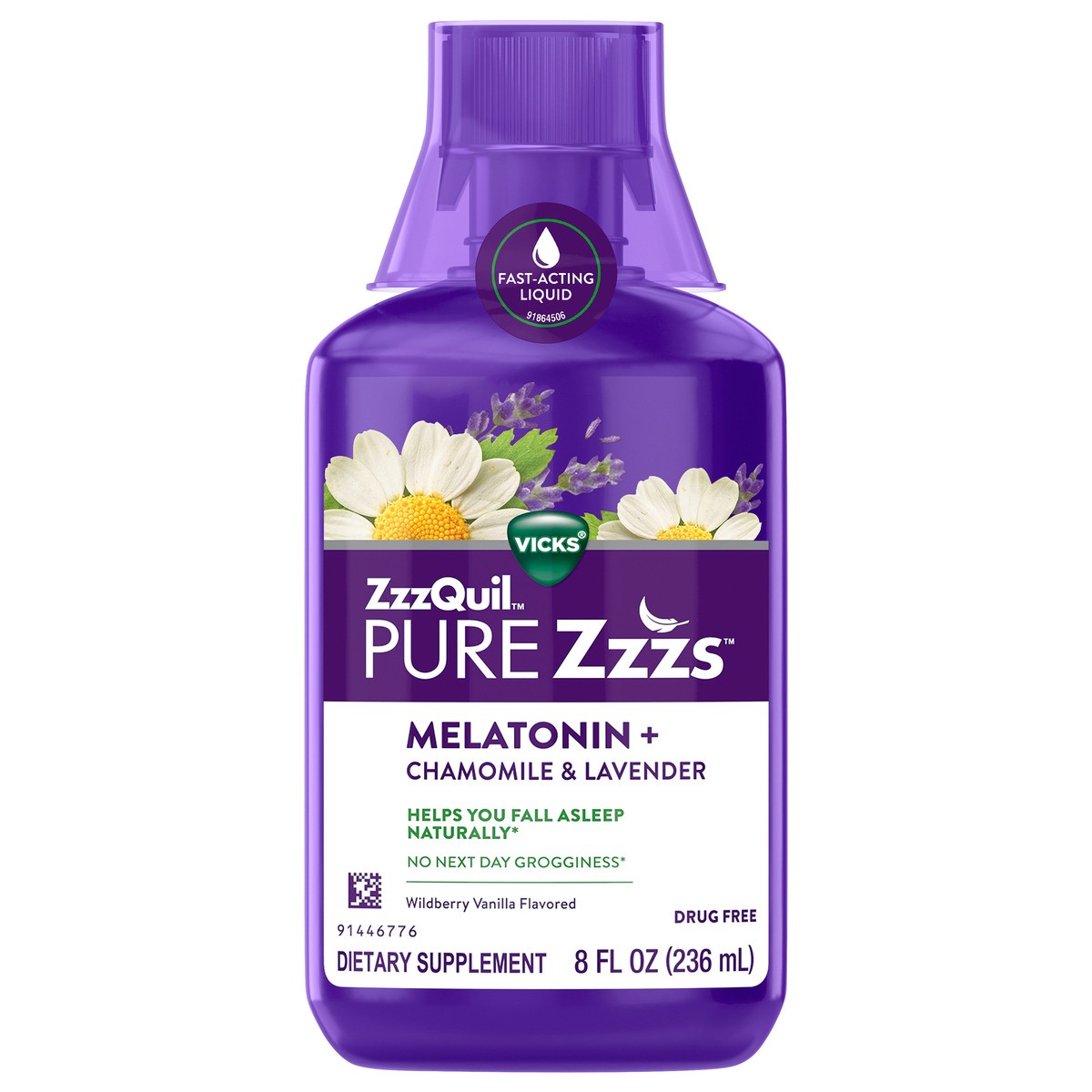 slide 1 of 2, Vicks ZzzQuil PURE Zzzs Melatonin Liquid Sleep-Aid with Chamomile, Lavender, Valerian Root and Lemon Balm, 1mg per serving, 8oz, 8 fl oz