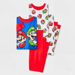 Boys' Super Mario 4pc Long Sleeve Cotton Snug Fit Pajama Set - White/Red/Blue 6