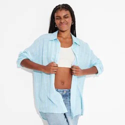 Women's Long Sleeve Oversized Button-Down Shirt - Wild Fable™ Green/Blue Striped L