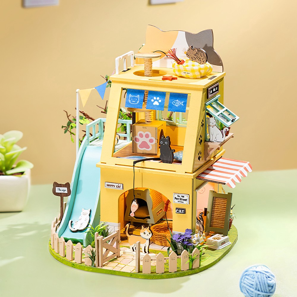 slide 7 of 9, Robotime Rolife Cat House Diy Miniature House Kit, 9.6 in x 8.7 in x 8.5 in