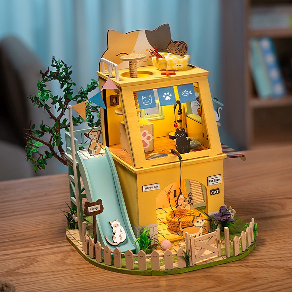 slide 9 of 9, Robotime Rolife Cat House Diy Miniature House Kit, 9.6 in x 8.7 in x 8.5 in
