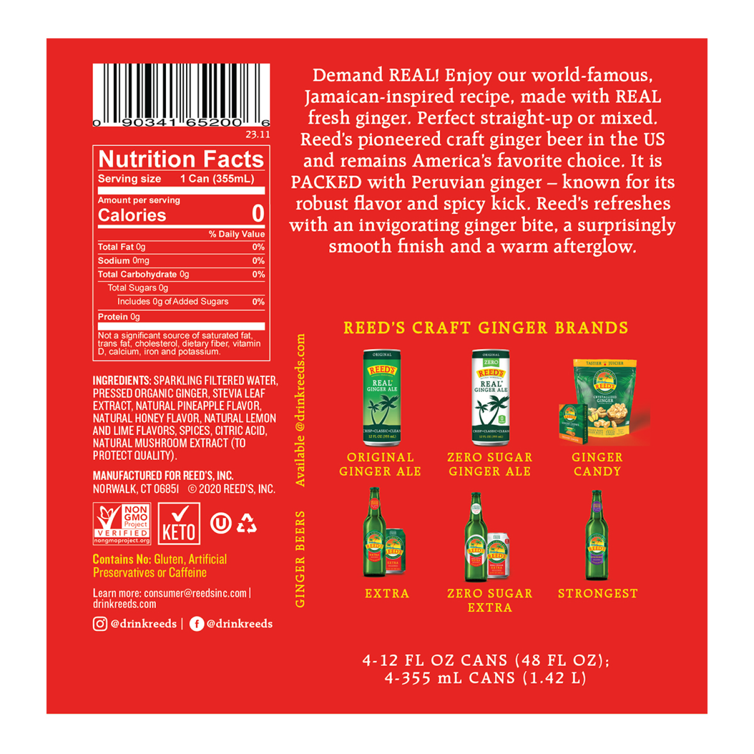 slide 2 of 2, Reed's Zero Sugar Extra Non-Alcoholic America's Original Ginger Beer 4 - 12 fl oz Cans, 4 ct; 12 oz