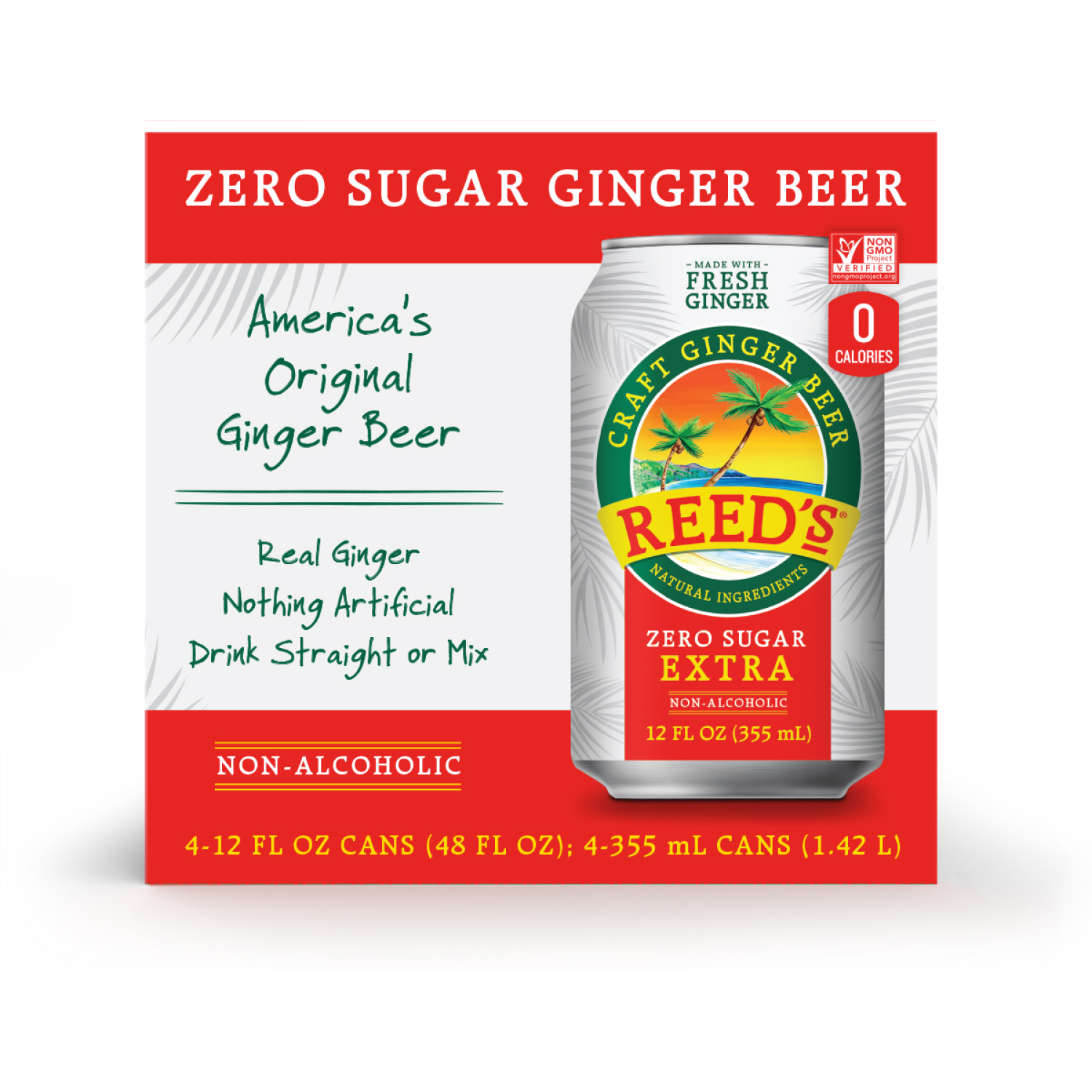 slide 1 of 2, Reed's Zero Sugar Extra Non-Alcoholic America's Original Ginger Beer 4 - 12 fl oz Cans, 4 ct; 12 oz