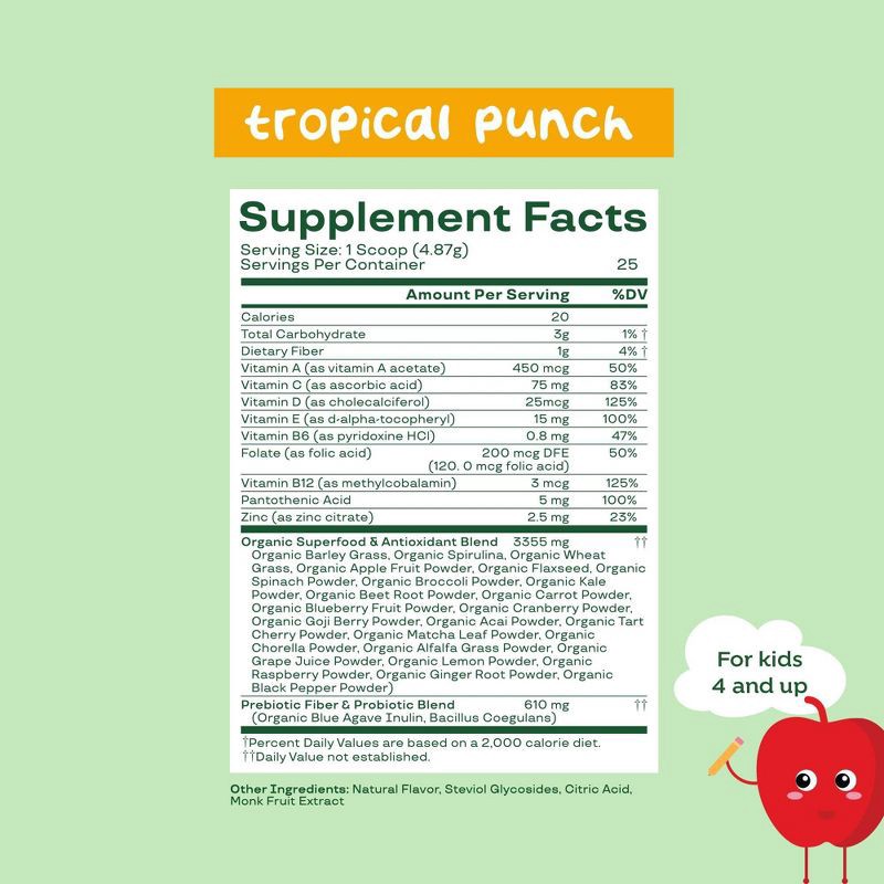 slide 5 of 5, BLOOM NUTRITION Kids' - Greens and Superfoods Powder - Tropical Punch - 25ct, 25 ct