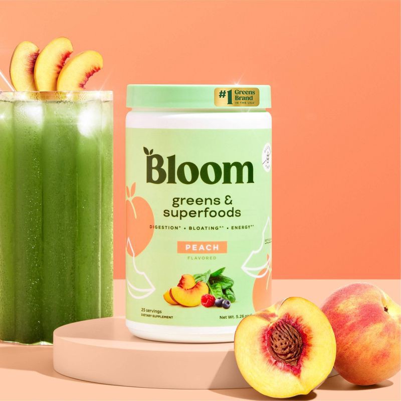 slide 2 of 7, BLOOM NUTRITION Greens and Superfoods Powder - Peach - 5.01oz/25 Servings, 5.01 oz, 25 servings