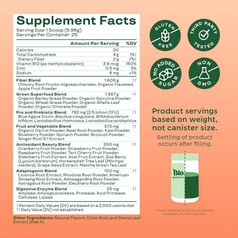 slide 4 of 7, BLOOM NUTRITION Greens and Superfoods Powder - Peach - 5.01oz/25 Servings, 5.01 oz, 25 servings