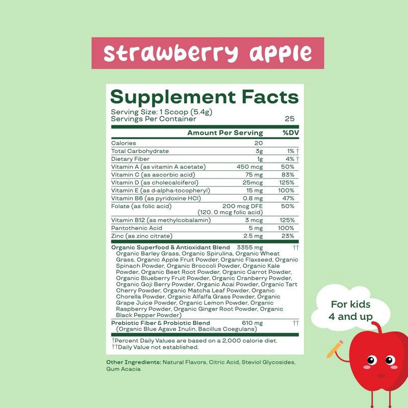 slide 5 of 5, BLOOM NUTRITION Kids' - Greens and Superfoods Powder - Strawberry Apple - 25ct, 25 ct