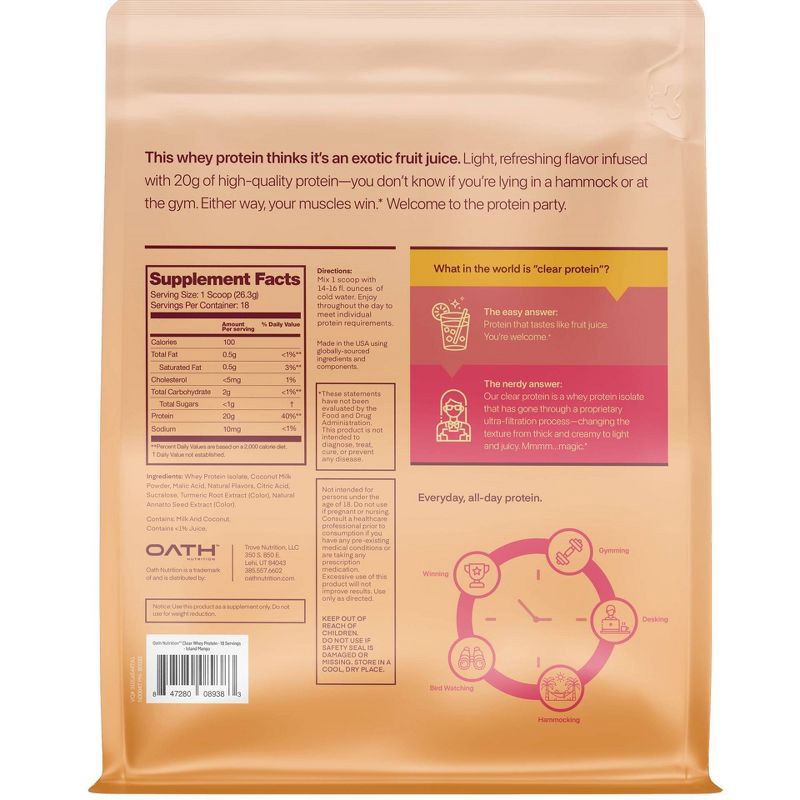 slide 2 of 8, Oath Nutrition Clear Whey Protein Powder - Island Mango - 18 Servings, 18 servings
