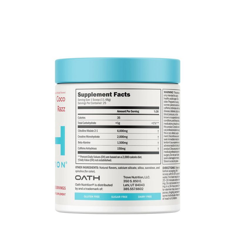 slide 2 of 5, Oath Nutrition Pre-Workout Sports Nutrition Supplement Powder - Coco Razz 25 serving: Energy, Muscle Growth, Endurance, 25 serving