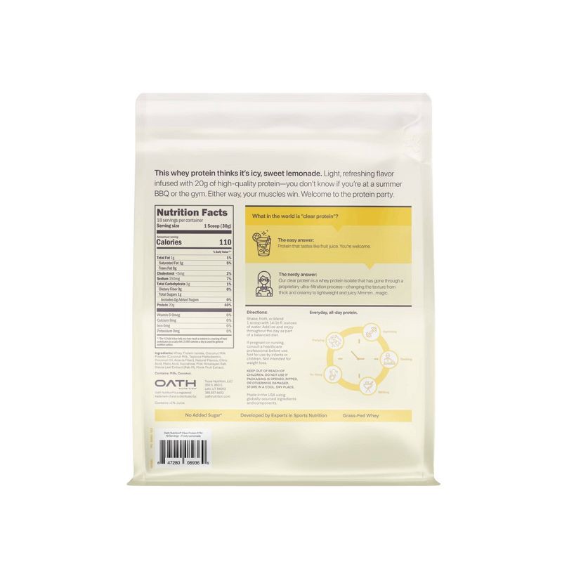 slide 2 of 8, Oath Nutrition Clear Whey Protein Powder - Frosty Lemonade - 18 Servings: Gluten-Free, 20g Protein, 18 servings, 20 gram