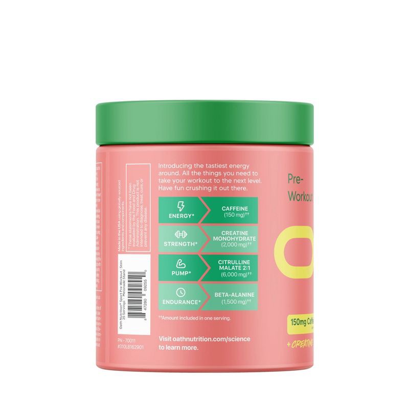 slide 2 of 5, Oath Nutrition Pre-Workout Sports Nutrition Supplement Powder - Melonade Stand 25 serving: Energy, Muscle Growth, Endurance, 25 serving