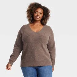 Women's Cozy Knit V-Neck Pullover Sweater - Ava & Viv™ Brown XXL