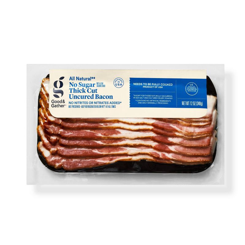 slide 1 of 4, No Sugar Thick Cut Uncured Bacon - 12oz - Good & Gather™, 12 oz