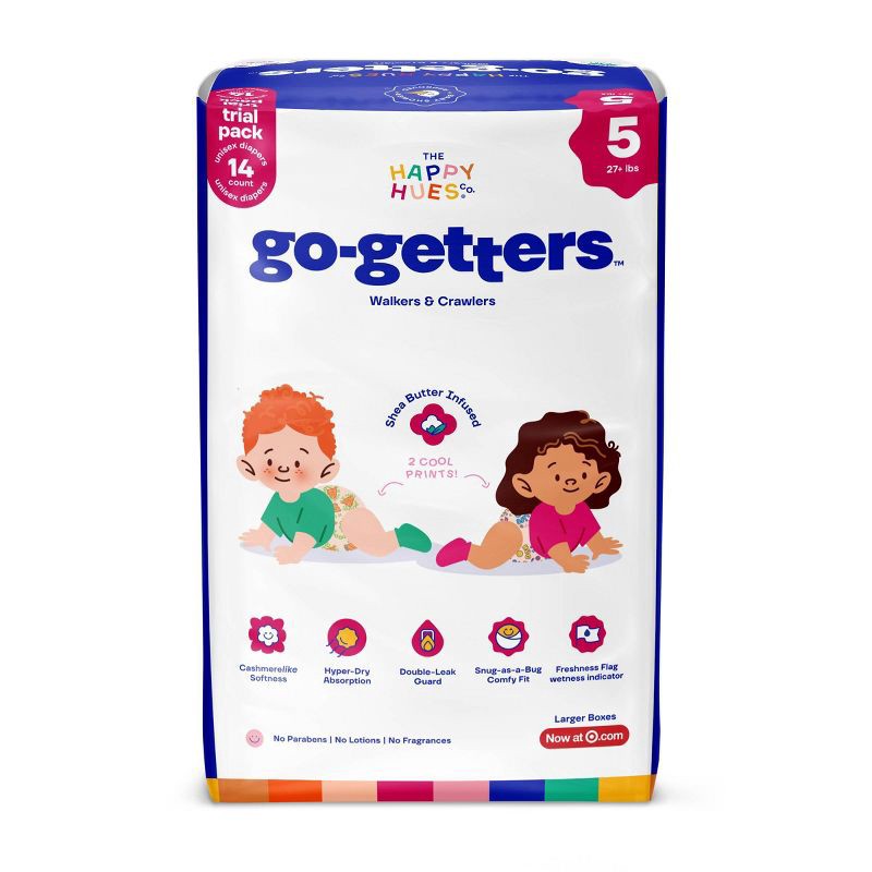 slide 2 of 10, Happy Hues Go-Getters Disposable Diapers Trial Pack - Size 5 - 14ct, 5 x 14 ct