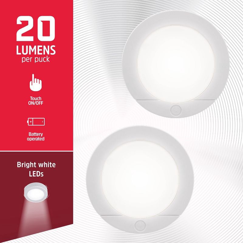 slide 2 of 12, Energizer 2pk LED Battery Operated LED Puck Lights Indoor Touch Activated 20lm White: Tap Light for Closet, UL Listed, 2 ct